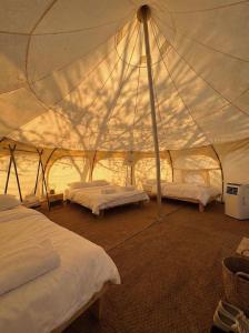 a bedroom with two beds in a tent at Desert HoM by GLOW in Naẖal Shittim