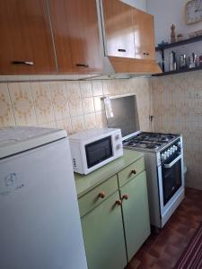 a kitchen with a microwave and a stove top oven at Rifugio Delia in Torre Pellice