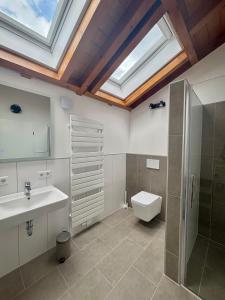 a bathroom with a sink and a toilet and a skylight at D&D Guesthouse in Angelbachtal