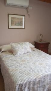 a bed with a white blanket and a picture on the wall at Dpto amueblado con cochera descubierta in Río Tercero +4 photos