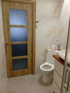 a bathroom with a toilet and a wooden door at Casa del Abuelo in Tabernas +11 photos