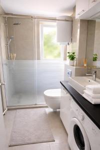 a bathroom with a shower and a toilet and a sink at Central Park Apartment in Čačak +7 photos