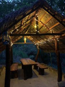 a wooden table and benches in a thatch hut with lights at Sahana Safari Eco Retreat in Buttala +41 photos