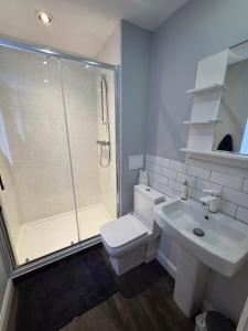 a bathroom with a shower and a toilet and a sink at 159 Smart Apartments in Newark-on-Trent +53 photos