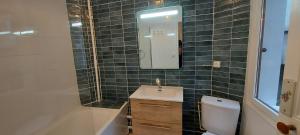 a bathroom with a sink and a toilet and a mirror at Dieppe Appartement Vue plage et port in Dieppe +30 photos