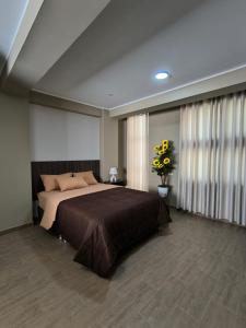 a bedroom with a large bed and a large window at Hotel Ayacucho in San Antonio