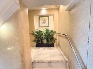 a staircase in a building with two potted plants at Hotel Bright in New Delhi