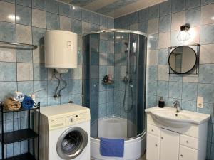 a bathroom with a shower and a sink and a washing machine at Bella Patria in Rozwadza +48 photos