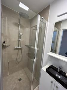 a bathroom with a shower with a glass door at L'Agolum - B&B Baisy-Thy in Genappe