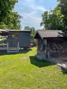 a smallshed with a building next to a yard at Romantischer Zirkuswagen in Edemissen