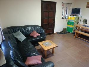 a living room with a black leather couch and a table at Milijin konak in Zaovine