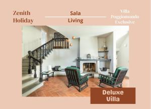 a living room with two chairs and a fireplace at Exclusive Villa - Sauna & Pool in Molinelli