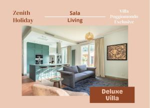 a living room with a couch and a table at Exclusive Villa - Sauna & Pool in Molinelli