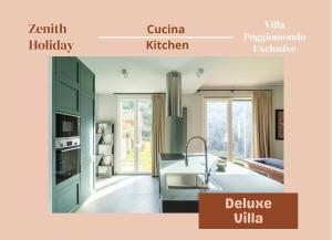 a kitchen with green cabinets and a white counter top at Exclusive Villa - Sauna & Pool in Molinelli