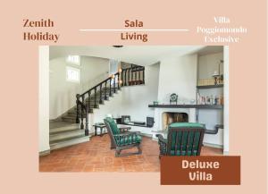 a living room with green chairs and a staircase at Exclusive Villa - Sauna & Pool in Molinelli +38 photos