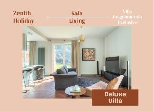 a living room with a couch and a table at Exclusive Villa - Sauna & Pool in Molinelli