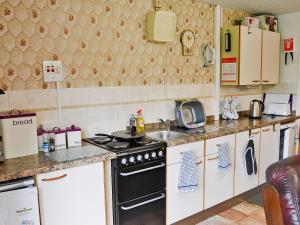 a kitchen with a stove and a sink at Tanpencefn Mawr in Brynsiencyn