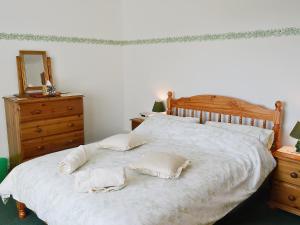 a bedroom with a bed with two pillows on it at Tanpencefn Mawr in Brynsiencyn