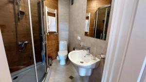 ein Badezimmer mit Toilette, Waschbecken und Dusche in der Unterkunft Falcon Hotel in Tbilisi City + 40 Fotos
