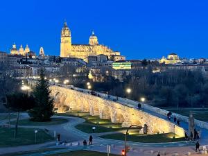 a group of people walking on a bridge at night at Almamater salamanca in Salamanca