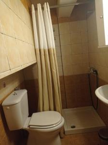 a bathroom with a toilet and a shower at Studio in Selínia +30 photos