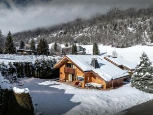 a log cabin in the snow with snow at Chalet J'Elage - OVO Network in Saint-Jean-de-Sixt