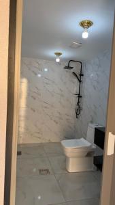 a bathroom with a white toilet and marble walls at RUM NADINE LUXURY CAMP & Bubbles Hotel in Wadi Rum +59 photos