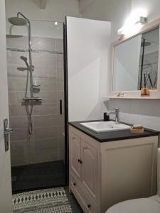 a bathroom with a sink and a shower at Les volets bleus in Prémian