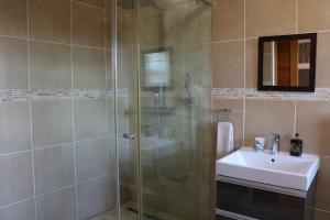 a bathroom with a shower and a sink at Highland Gate Golf & Trout Estate, House 925 in Dullstroom +24 photos