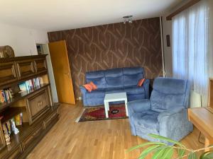 a living room with two blue chairs and a table at Appenzellerland Schöne Wohnung in einem Wandergebiet in Teufen