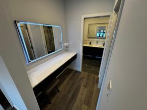a bathroom with a sink and a mirror at Xquisite Suites in Freeport +2 photos