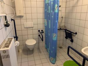 a bathroom with a toilet and a blue shower curtain at Apartmentanlage am Kellerberg in Zandt +64 photos