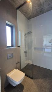 a bathroom with a toilet and a glass shower at Stillwater Edge 2 - Level Two in Sri Jayewardenepura Kotte +43 photos