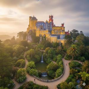 a castle on a hill with a pond in front of it at Beach House Cascais Close to Lisbon & Sintra in Estoril