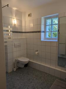 a bathroom with a toilet and a window at Ferienwohnung Bauernhofromantik in Raesfeld