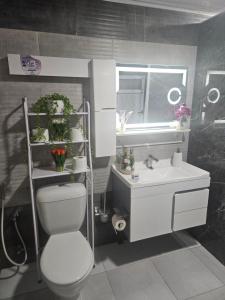 a bathroom with a white toilet and a sink at Beau F3 in Dar el Beïda +16 photos