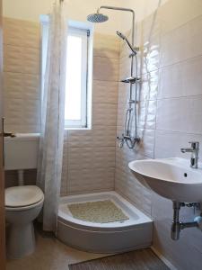 a bathroom with a sink and a toilet and a shower at Naomi's Sunshine in Cres +49 photos