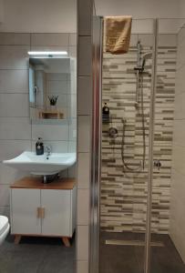 a bathroom with a shower and a sink at Bergblick 33 in Plaus +3 photos