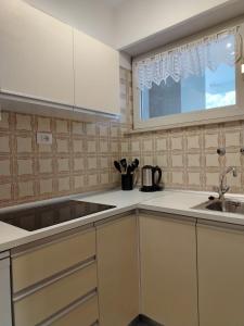 a kitchen with white cabinets and a sink and a window at Bergblick 33 in Plaus