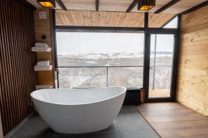 a bath tub in a bathroom with a large window at Edis Dacha in Tsalka +53 photos