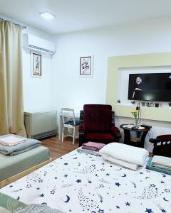 a living room with two beds and a tv at Cool Apartman 1 Centar Smederevska Palanka in Smederevska Palanka