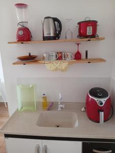 a kitchen counter with a sink and pots and pans at Kitnet Imigrantes in Holambra