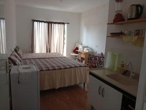 a small bedroom with a bed and a sink at Kitnet Imigrantes in Holambra
