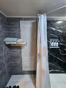 a shower with a shower curtain in a bathroom at Joli F3 in Dar el Beïda +7 photos