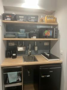 a kitchen with a sink and a shelf with dishes at Secret Garden 2 in Mellehoek