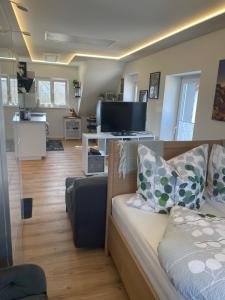 a living room with a couch and a tv at Komfort-Fewo mit Infrarotsauna & WLAN nahe Sorpesee - Haus am Krähenbach - Steinert in Sundern +24 photos