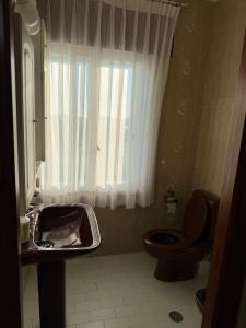 a bathroom with a toilet and a sink and a window at Villa Laxes in Burela de Cabo +7 photos