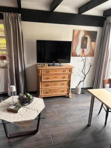 a living room with a television on a wooden dresser at Gemütlichkeit im Grünen in Warendorf