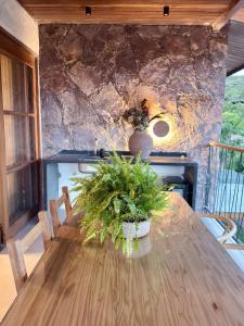 a wooden table with plants on it in a room at Diamantino Residence - Barro in Mucugê +10 photos
