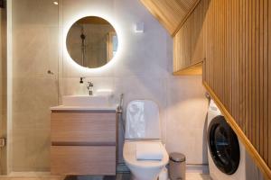 a bathroom with a toilet and a sink and a mirror at Levin Primus - Your Glass-Roof Gateway to Laplands Magic in Levi +22 photos